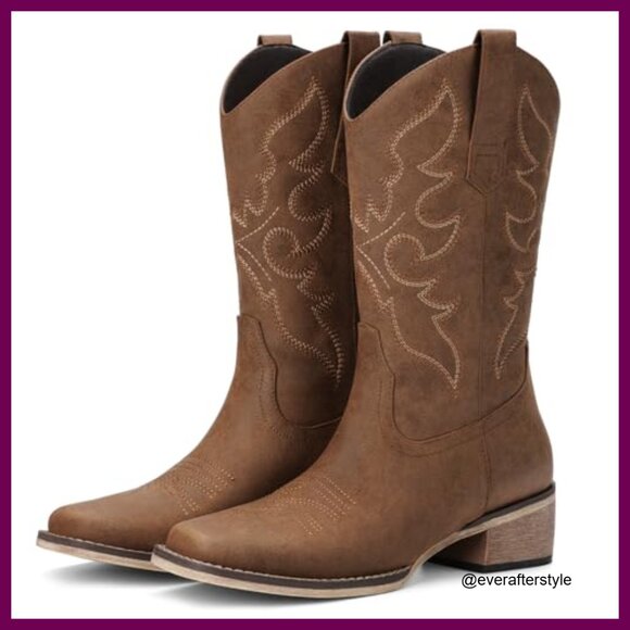 Mid Calf Western Cowboy Boots Square Toe Embroidery Faux Leather - Picture 5 of 7